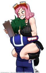 1boy 1girls big_breasts black_boots black_gloves blush boots breasts clipboard clothed clothing eyebrows eyelashes face_in_breasts female fingerless_gloves fully_clothed goggles goggles_on_head grin grinning happy holding_clipboard holding_pencil hug hugging izuku_midoriya jerkdouglas legs lips male mei_hatsume midoriya_izuku my_hero_academia open_eyes open_smile pencil pink_hair simple_background skirt sleeveless sleeveless_shirt smile tank_top teenager thick_thighs thighs unusual_pupils white_background yellow_eyes