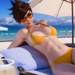 1girls ai_generated beach bikini breast brown-tinted_eyewear brown_hair detailed female female_only high_quality highres lena_oxton light-skinned_female looking_at_viewer nsfw orange-tinted_eyewear orange_bikini outside overwatch realistic sand short_hair smile solo suggestive suggestive_look sunbathing sunglasses synthpixel tinted_eyewear tracer