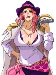 1girls artist_request big_mom charlotte_linlin cleavage clothed earrings female female_only hat nail_polish one_piece pink_hair pirate solo solo_female sword young_big_mom