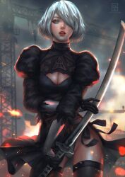 bob_cut boob_window breasts grey_hair hair_over_one_eye katana nier nier:_automata panties portrait serafleur short_hair skirt skirt_up thighs white_hair yorha_2b