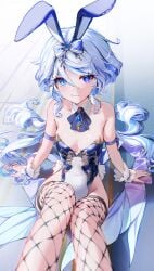 1girls absurdres ahoge alternate_costume animal_ears aqua_hair arm_strap arm_support artist_name ascot bare_shoulders blue_ascot blue_bow blue_brooch blue_eyes blue_gemstone blue_hair blue_leotard blush bow breasts bunny_ears bunny_girl bunnysuit closed_mouth collarbone colored_inner_hair commentary_request covered_navel cowboy_shot detached_collar detached_sleeves drop-shaped_pupils fishnet_thighhighs fishnets furina_(genshin_impact) gem genshin_impact groin hair_between_eyes hairbow heterochromia highleg highleg_leotard highres kkopoli knee_up leotard long_hair looking_at_viewer medium_breasts mismatched_pupils multicolored_hair outdoors playboy_bunny rabbit_ears reclining road scrunchie sidelocks simple_background sitting sleeveless solo strapless strapless_leotard street thighhighs two-tone_leotard wavy_hair white_hair white_leotard wrist_scrunchie