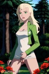 1girls ai_generated ben_10 ben_10_ultimate_alien blonde_hair cartoon_network cartoony eunice eunice_(ben_10) female flower green_eyes green_jacket half-dressed half_naked hand_on_pussy highres human light-skinned_female no_panties no_pants nsfw outdoors pussy stable_diffusion synthpixel touching_pussy