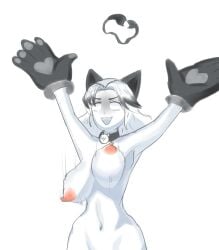 black_hair boob_drop bra_removed breasts breasts_out cat_ears cat_gloves crazed_moneko crazed_moneko_(the_battle_cats) nyanko_daisensou the_battle_cats white_skin