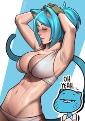 1girls armpits athletic athletic_female big_breasts blue_hair bra breasts cat_ears cat_tail female female_only huge_breasts humanized joylewds large_breasts milf nicole_watterson nicole_watterson_(human) sweat tail the_amazing_world_of_gumball the_amazing_world_of_gumball_(human) toned toned_female