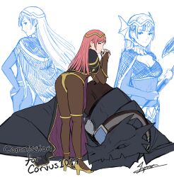 1girls alternate_costume ass bodystocking breasts bridal_gauntlets cape cherche_(fire_emblem) cleavage cm_lynarc commission cosplay dragon female female_only fire_emblem fire_emblem_awakening highres large_breasts long_hair looking_at_viewer looking_back multiple_views nintendo pink_eyes pink_hair signature simple_background skin_tight smile solo solo_focus tharja_(fire_emblem) tharja_(fire_emblem)_(cosplay) tiara white_background