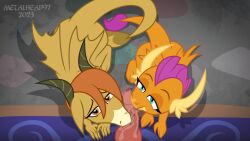 anthro blue_eyes brown_eyes dragon female first_person_view friendship_is_magic genitals group hasbro licking looking_at_viewer male male/female male_pov metalhead97 my_little_pony ocellus_(dragon_form) ocellus_(mlp) oral orange_body penile penis penis_lick sex smolder_(mlp) tail tongue tongue_out trio wings yellow_body