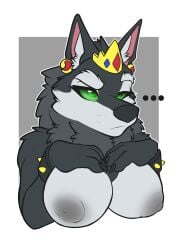 anthro big_breasts bracelets breasts canid canine canine_humanoid canis crown eanic8 fluffy fur furry furry_female green_eyes grey_body grey_fur nose queen straight wolf wolf_girl wolf_humanoid