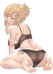 :o absurdres alternate_hairstyle arm_support arm_up bare_arms bare_legs barefoot black_bra black_panties blonde_hair blue_eyes bra breasts butt_crack cameltoe dimples_of_venus female hair_bun hair_ornament highres hololive hololive_english hololive_myth honkivampy large_breasts light_blush looking_at_viewer looking_back monocle monocle_hair_ornament one_eye_closed open_mouth panties side-tie_panties sideboob sidelocks simple_background single_hair_bun sitting soles solo toes underwear virtual_youtuber waking_up wariza watson_amelia white_background