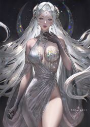 big_breasts elegant elegant_dress glitter goddess grey_eyes grey_hair long_hair necklace serafleur tight_clothing tight_dress white_hair