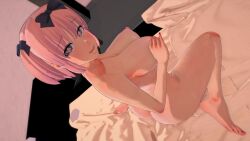 2023 3d ass blue_eyes breasts curvy_female flower_shaped_pupils hibari_(senran_kagura) koikatsu looking_at_viewer marvelous nipples nude_female on_bed pink_hair pink_iris senran_kagura