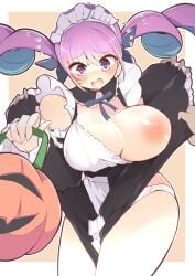 1boy alternate_breast_size assisted_exposure blue_hair blush breast_slip breasts cleavage clothes_lift dress_lift female halloween halloween_bucket highres holidays hololive hololive_gen_2 hololive_japan large_breasts maid maid_headdress minato_aqua multicolored_hair nipples no_bra open_mouth panties pumpkin purple_eyes purple_hair skirt skirt_lift thick_thighs thighhighs thighs trick_or_treat underwear virtual_youtuber yamada_naoko_(kodamayanao)