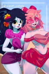 2girls beach canal_5 cartoon_network catalina_la_catrina dia_de_los_muertos elpuer_cotote female_only huge_ass huge_thighs miss_heed_(villainous) pink_skin ship small_breasts swimsuit tagme televisa villainous voluptuous white_skin