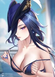 1girls beach big_breasts bikini_top blue_hair blue_nails blush blush_lines blushing blushing_at_viewer bra bra_strap breasts clorinde_(genshin_impact) genshin_impact helloimtea large_breasts looking_at_viewer purple_eyes undressing uniform