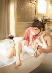 1boy 1girls alternate_hairstyle bath bathtub brown_hair bubble_bath claude_von_riegan closed_eyes cup dark_skin drinking_glass earrings facial_hair female fire_emblem fire_emblem:_three_houses french_kiss highres hilda_valentine_goneril holding holding_cup indoors jewelry kissing male mixed_bathing muscular nintendo nude pink_hair red_wine spykeee straight twitter_username wine_glass