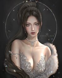 big_breasts black_hair classy earrings elegant long_hair ponytail revealing_clothes serafleur tail