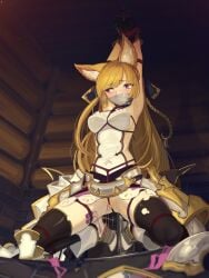 animal_ears armor armpits arms_behind_head arms_up backless_outfit bare_shoulders black_gloves black_thighhighs blonde_hair bondage bondage bondage boots bound braid cad_(caddo) choker erune faulds fox_ears french_braid gag gloves granblue_fantasy high_heel_boots high_heels highres improvised_gag long_hair looking_to_the_side no_panties object_insertion purple_eyes pussy remote_control_vibrator restrained rope sex_toy shirt squatting tape tape_gag thighhighs vaginal_object_insertion vaginal_penetration vibrator vibrator_cord white_shirt yuisis_(granblue_fantasy)