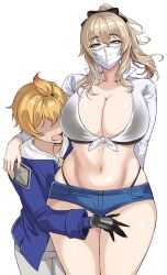 1boy 1girls absurd_res alternate_breast_size bigger_female blonde_hair breasts drogod_(artist) female genshin_impact height_difference hips huge_breasts jean_gunnhildr light-skinned_female light-skinned_male light_skin male mask mika_(genshin_impact) ponytail size_difference smaller_male taller_girl thick_thighs thighs wide_hips