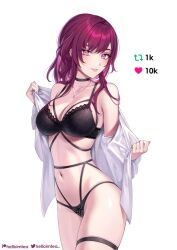 1girls big_breasts female_only helloimtea honkai:_star_rail kafka_(honkai:_star_rail) lingerie looking_at_viewer purple_eyes red_hair shirt twitter_strip_game_(meme)