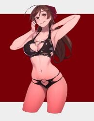 1girls ahoge alternate_costume arm_behind_head armpits arms_up bare_arms bare_shoulders bikini blush breasts brown_eyes brown_hair cleavage cowboy_shot cropped_legs female female_only fully_clothed hair_ornament hair_ribbon hairclip heart_o-ring highres kantai_collection large_breasts long_hair looking_at_viewer mamiya_(kantai_collection) navel revealing_clothes ribbon shiny_clothes simple_background smile solo standing swimsuit thighs tongue tongue_out two-tone_background yuuji_(and)