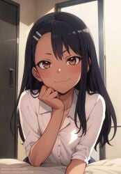 1girls :3 :3c ai_generated bed bedroom black_eyebrows black_eyelashes black_hair brown_eyes dharlith digital_media_(artwork) ear_clip eye_contact eyelashes female hair_clips hayase_nagatoro leaning leaning_forward leaning_on_elbow leaning_on_object long_hair looking_at_viewer please_don't_bully_me,_nagatoro portrait pov pov_eye_contact school_uniform schoolgirl smile smiling smiling_at_viewer smug smug_expression smug_face smug_smile solo solo_female solo_focus stable_diffusion stare staring staring_at_viewer tan tan-skinned_female tan_body tan_skin tanned tanned_female young younger_female