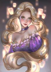 blonde_hair breasts collar flower_in_hair green_eyes long_hair portrait rapunzel revealing_clothes serafleur tangled