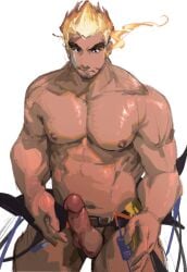 1boy abs bandaid bandaid_on_cheek bandaid_on_face bara belt dark-skinned_male dark_skin dichuan_(arriverw) erection fiery_hair goatee_stubble highres large_pectorals looking_at_viewer male male_focus male_only muscular muscular_male navel navel_hair nipples no_male_underwear orange_hair pectorals penis sanpaku scar scar_on_face scar_on_forehead short_hair solo stomach strongman_waist thick_eyebrows tokyo_afterschool_summoners topless_male ulaanbaatar_(tokyo_afterschool_summoners)