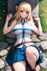 ai_generated blonde_hair blush clothing fairy_tail hands_beside_head laying_on_ground long_hair lucy_heartfilia mouth_closed public skirt