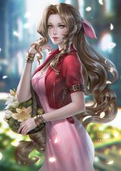 1girls aerith_gainsborough brown_hair dress female female_only final_fantasy final_fantasy_vii final_fantasy_vii_remake fully_clothed hair_ribbon jacket jacket_open long_dress long_skirt ribbon serafleur skirt solo