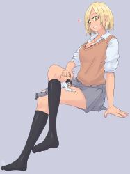 830_yamio anime_style blonde_hair blue_skirt breasts cleavage fingers giantess gyaru hands kuro_gyaru legs long_socks macrophilia necklace orange_shirt pixiv short_hair shrunk shrunken socks tagme thighs tiny_person yellow_eyes