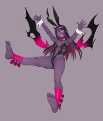 1girls animal_ears armpits ass barefoot breasts cleavage colored_skin demon_horns demon_wings fake_animal_ears feet female full_body grey_background grin hair_between_eyes head_tilt highres horns long_hair looking_at_viewer navel original outstretched_arms playboy_bunny pointy_ears purple_eyes purple_hair purple_skin rabbit_ears simple_background smile soles solo toes torn_clothes torn_wings wings wrist_cuffs yuuji_(and)