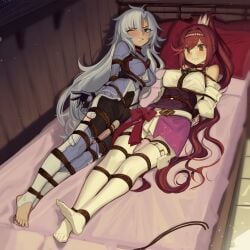 2girls a_(xenoblade) arms_behind_back black_pants blue_eyes blue_jacket blue_thighhighs blush bondage bound breasts cad_(caddo) chest_jewel clenched_teeth core_crystal detached_sleeves foot_focus glimmer_(xenoblade) grey_hair high_ponytail highres hitachi_magic_wand jacket japanese_clothes kimono large_breasts long_duration_stimulation long_hair long_sleeves lying medium_breasts multiple_girls obi on_back on_side orange_eyes pants pantyhose ponytail purple_skirt red_hair restrained rope sash sex_toy sidelocks skirt sleeveless sleeveless_kimono stirrup_legwear swept_bangs teeth thigh_pouch thighhighs toeless_legwear toes very_long_hair vibrator white_kimono white_pantyhose xenoblade_(series) xenoblade_chronicles_3 xenoblade_chronicles_3:_future_redeemed