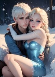 1boy 1girls ai_generated ai_hands arm_around_neck arms_around_neck ass bare_legs blonde_female blonde_hair blue_eyes braided_hair crossover disney disney_princess dreamworks elsa elsa_(frozen) embrace female female_on_top frost frozen_(film) hand_in_hair hand_on_thigh hugging ice jack_frost jack_frost_(rise_of_the_guardians) jelsa light_skin male male/female moon moonlight on_lap outdoors outside paramount_pictures passionate rise_of_the_guardians romantic short_dress silver_hair snow snowflake snowing straight tight_clothing tight_dress white_hair winter