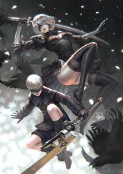 bandage bandages blindfold gloves heels high_heels katana latex legs long_sleeves nier nier:_automata nier_(series) serafleur short_hair stockings suit sword thick_thighs thighs tight_clothing white_hair yorha_2b yorha_9s