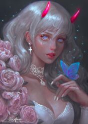 blue_eyes devil_horns earrings horns long_hair necklace rose rose_(flower) serafleur silver_hair white_hair