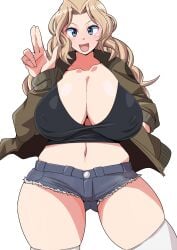 1girls big_breasts blonde_hair blue_eyes breasts busty cleavage curvaceous curvy curvy_female curvy_figure dettonnn female girls_und_panzer huge_breasts kay_(girls_und_panzer) large_breasts shorts voluptuous