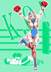 1girls armpits bandana blue_eyes blush boots boxing boxing_gloves boxing_ring breasts breasts_out capcom cheerleader clothing curvy female female_focus gloves green_background human knocked_out light-skinned_female light_skin mixed_boxing nipples nude one_eye_closed open_mouth platinum_blonde_hair red_boxing_gloves red_gloves rival_schools saliva santos shoes small_breasts stockings thick thick_hips thick_thighs thighhighs tiffany_lords topless victory victory_pose wide_hips wink