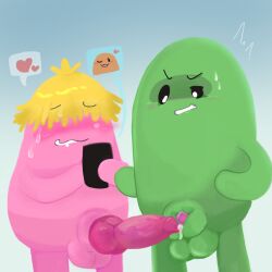 2boys bean_(dumb_ways_to_die) blonde_hair bonehead_(dumb_ways_to_die) calamity_(dumb_ways_to_die) dumb_ways_to_die green_skin heart knot knotted_penis penis pink_body sheath shocked stumble tagme texting