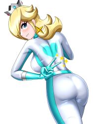 1girls alternate_costume ass back back_view backboob big_breasts big_thighs blue_eyes bodysuit breasts butt crown earrings eyebrows_visible_through_hair female female_only gloves hair_over_one_eye irohazakayouth light-skinned_female light_skin long_hair looking_at_viewer looking_back mario_(series) mario_kart nintendo platinum_blonde_hair princess_rosalina solo star_earrings thick thick_ass thick_butt thick_hips thick_thighs thighs tight_fit v white_background wide_hips