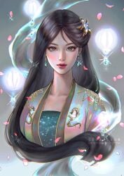 1girls black_hair brown_eyes chinese_clothes chinese_clothing chinese_dress disney disney_princess earrings fa_mulan fanart female female_only fully_clothed long_hair mulan mulan_(1998_film) serafleur solo