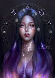 breasts glitter hair_ornament lipstick long_hair portrait purple_hair serafleur