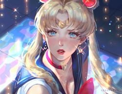 big_eyes bishoujo_senshi_sailor_moon blonde_hair blue_eyes blush clothing collar eyes lipstick long_hair magic magical_girl ponytail ponytails sailor_moon serafleur tail usagi_tsukino