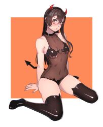 belly belly_button bra demon_girl demon_horns demon_tail devil_costume devil_girl female female_only fully_clothed glasses horns kantai_collection latex long_hair ooyodo_(kantai_collection) revealing_clothes shiny_clothes spread_legs stockings tail thighs tight_clothing yuuji_(and)