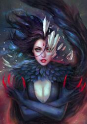 1girls big_breasts black_hair breasts dc female female_only long_nails portrait purple_hair raven_(bird) raven_(dc) serafleur solo teen_titans tight_clothing