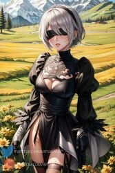 1girls ai_generated artsbuyu bangs black_dress black_legwear black_thighhighs blindfold blush dress embarrassed gloves hair_between_eyes hair_ornament hairband headband hi_res legwear long_sleeves looking_at_viewer medium_breasts nier nier:_automata nier_(series) open_mouth outdoors short_hair sidelocks silver_hair stable_diffusion standing thighhighs white_hair yorha_2b