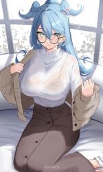 black_bra elira_pendora elira_pendora_(3rd_costume) glasses gudanco_(nyanmeowzer) heterochromia nervous nijisanji nijisanji_en removing_clothing see-through_clothing sweat virtual_youtuber white_shirt