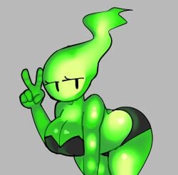 1girls 2020 2023 2d 2d_(artwork) 2d_artwork ass bent_over breasts cleavage clothing color elemental_creature female female_only fire_elemental fuku_fire green_body moikey no_mouth peace_sign simple_background solo tagme undertale undertale_(series) underwear