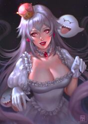 1girls big_breasts boo_(mario) boosette breasts crown dress elegant female gloves long_hair luigi's_mansion mario_(series) new_super_mario_bros._u_deluxe princess red_eyes red_lipstick serafleur silver_hair teeth tight_clothing white_hair