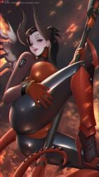 cameltoe devil_horns devil_mercy devil_tail gloves high_heels large_breasts latex latex_stockings latex_suit mercy overwatch overwatch_2 pierced_ears sade_abyss shiny_clothes wings