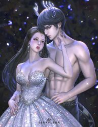 big_breasts breasts couple earrings elegant elegant_dress female glitter leviathan_(obey_me) long_hair revealing_clothes serafleur six_pack