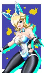 1girls alternate_costume big_breasts big_thighs blue_eyes bowtie breasts bunny_ears bunnysuit cleavage crown earrings female female_only gloves hair_over_one_eye irohazakayouth light-skinned_female light_skin long_hair looking_at_viewer mario_(series) nintendo open_mouth platinum_blonde_hair princess_rosalina simple_background solo star_earrings super_mario_galaxy thick thick_hips thick_thighs thighs tight_fit white_border wide_hips